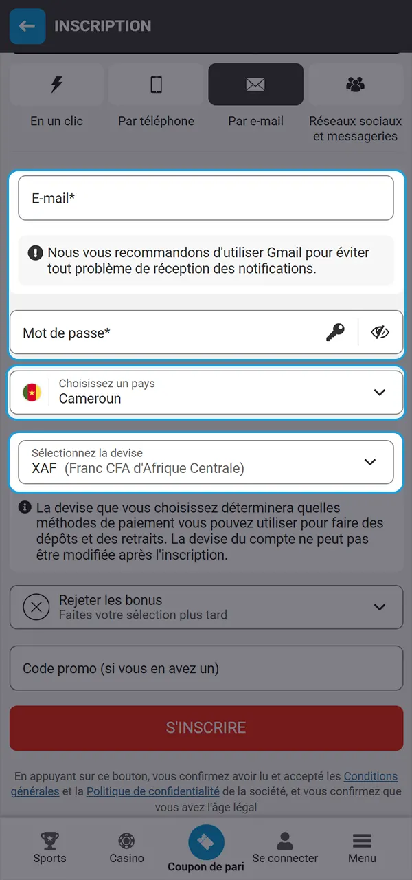 Remplissez les informations demandées et accédez à votre compte MegaPari.