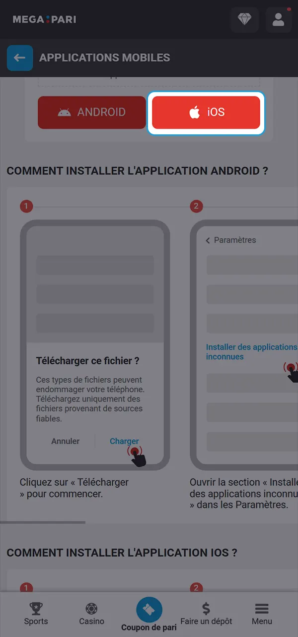 Commencez l'installation de l'application directement depuis le site MegaPari.