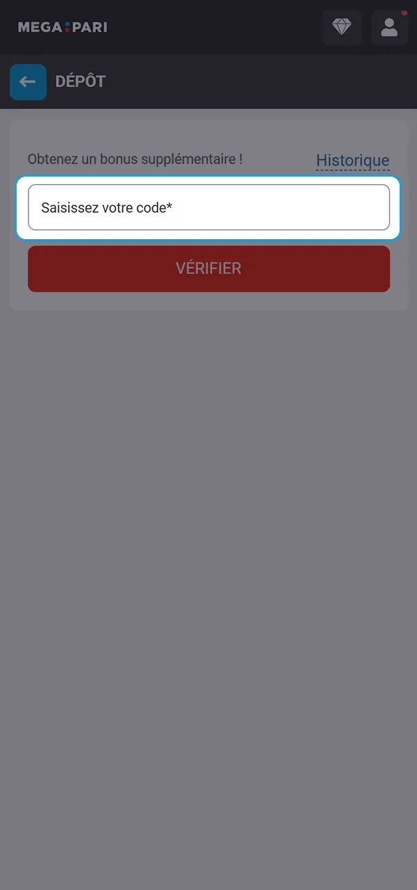 Entrez le code promo pour obtenir un généreux bonus sur MegaPari.