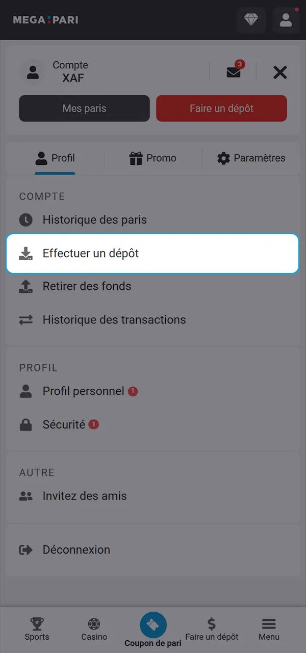 Effectuez un dépôt et recevez votre bonus sur MegaPari.