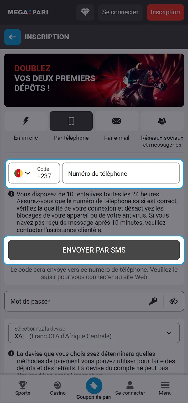 Inscrivez-vous et activez votre bonus sur MegaPari.