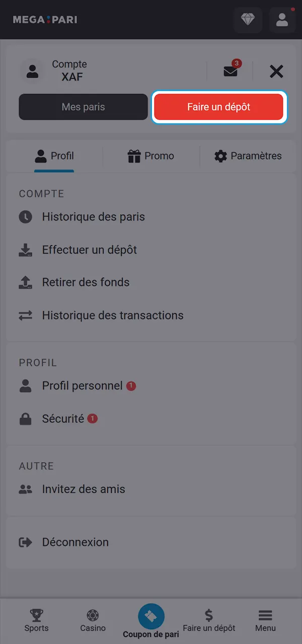 Rechargez votre solde et activez le code promotionnel sur MegaPari.