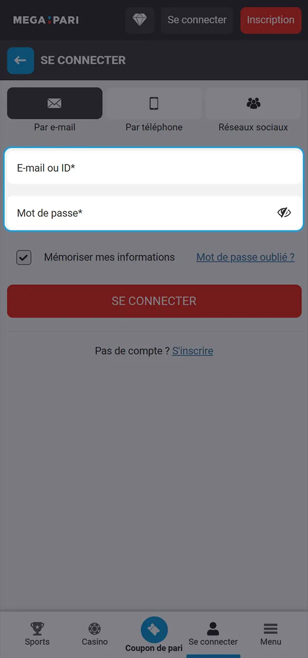 Connectez-vous à votre compte et utilisez le code promo sur MegaPari.