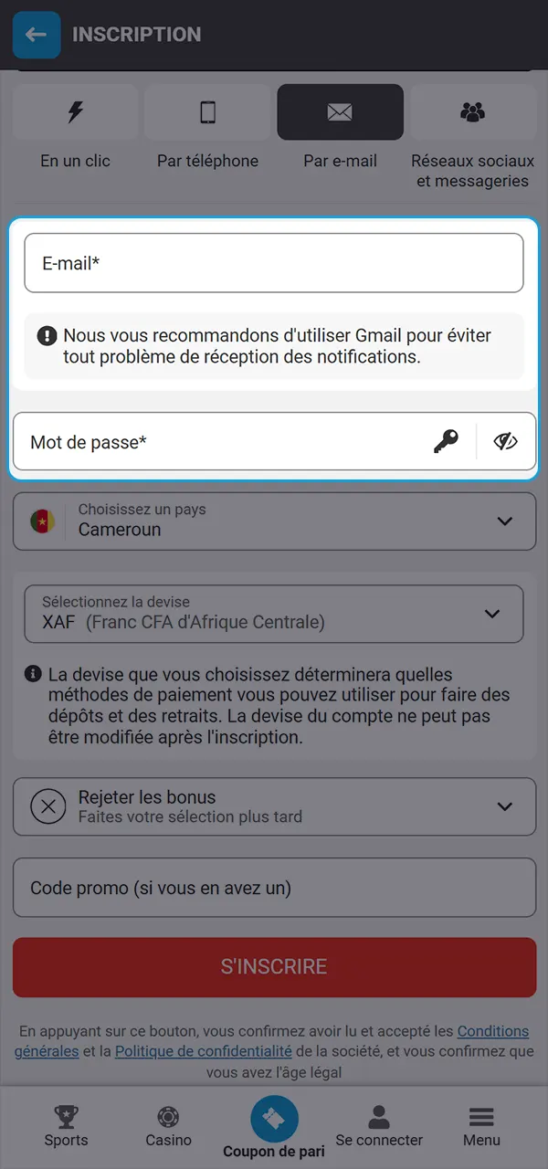 Utilisez le code promo lors de la création de votre compte sur MegaPari.