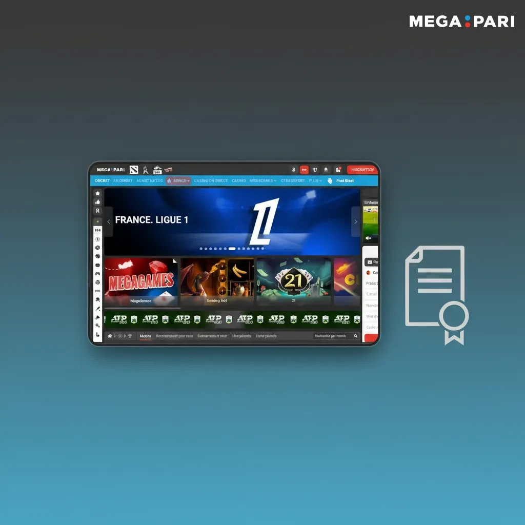 Interface MegaPari affichée sur desktop avec symbole de certification, démontrant licence officielle et jeu responsable