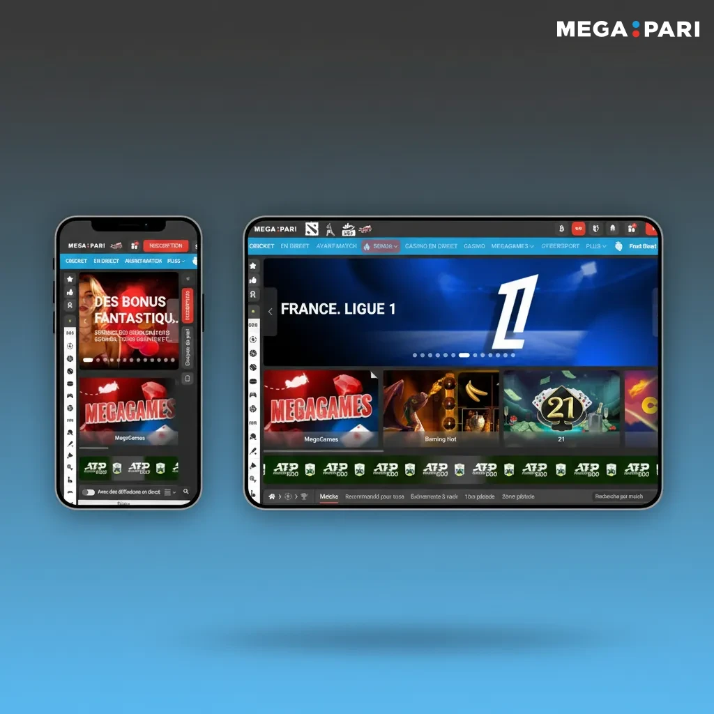Interface MegaPari Sport et Jeux affichée sur mobile et desktop, démontrant l’expérience utilisateur fluide et intuitive