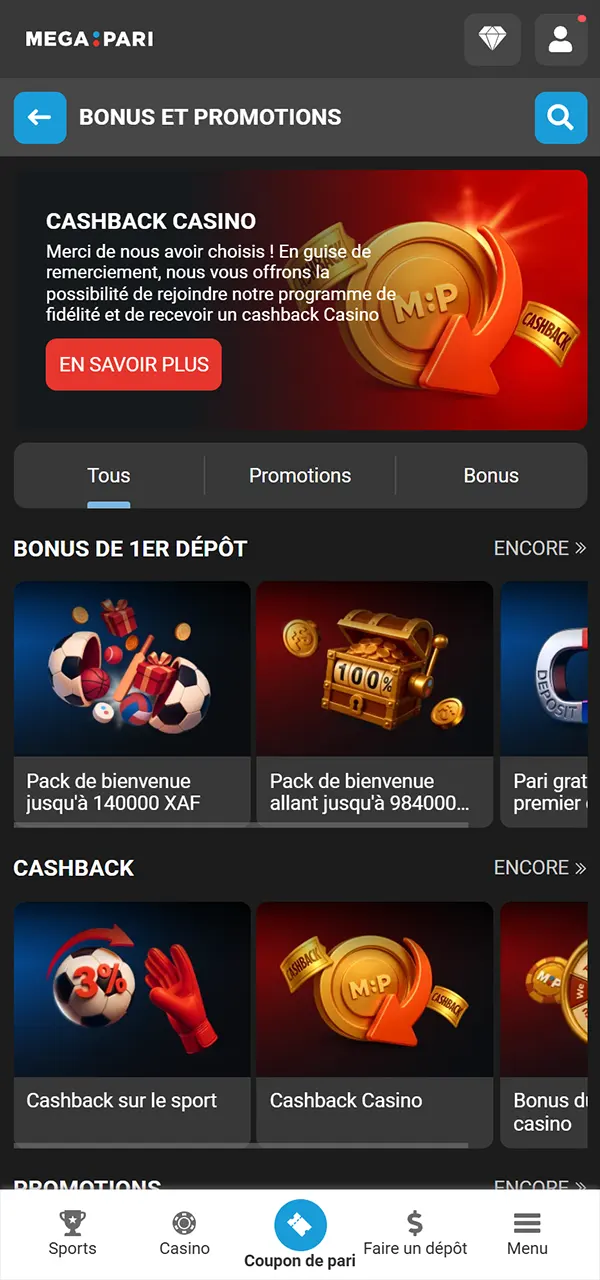 Ouvrez la section Bonus et activez vos récompenses sur MegaPari.