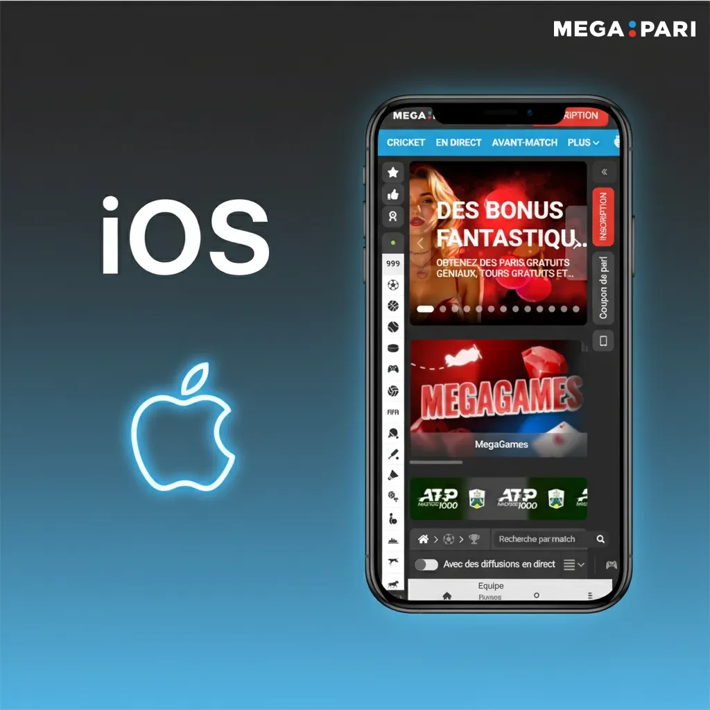 Écran iOS MegaPari expliquant comment ajouter le site à l’écran d’accueil via Safari