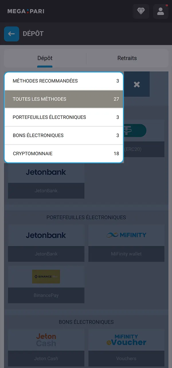Choisissez votre mode de dépôt et préparez-vous à jouer sur MegaPari.