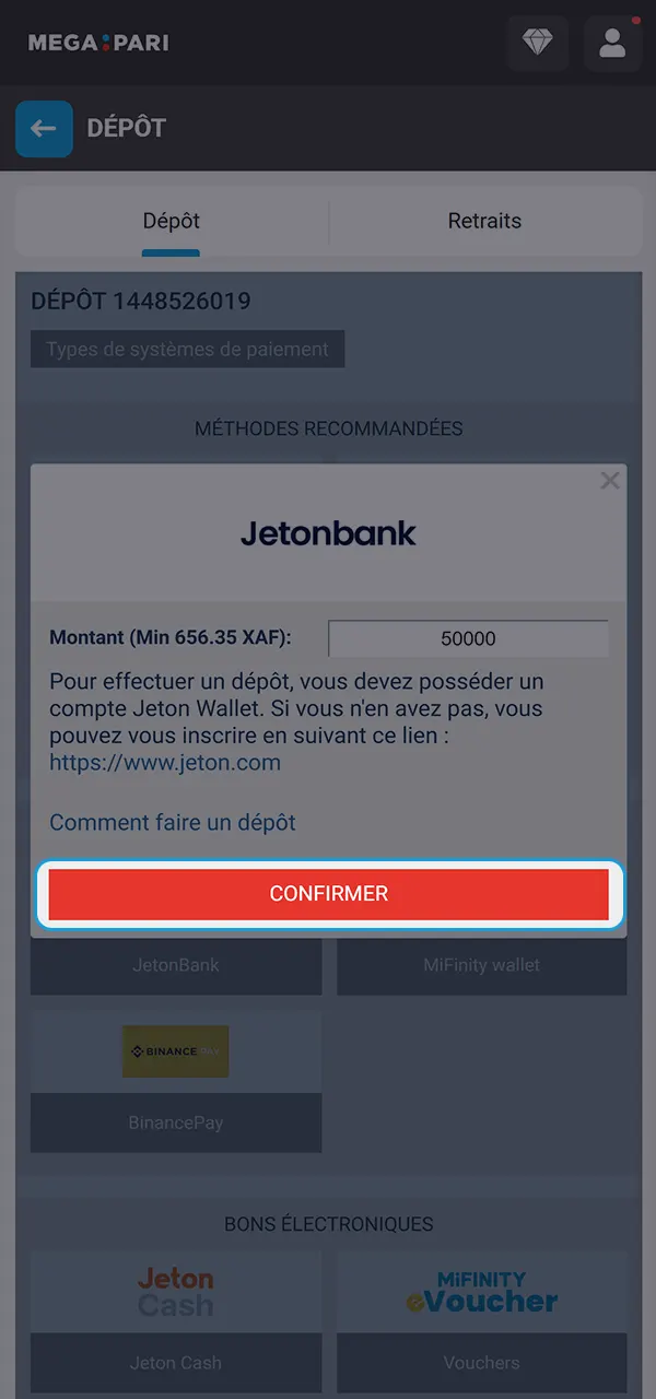 Effectuez un dépôt et jouez à vos jeux préférés sur MegaPari.