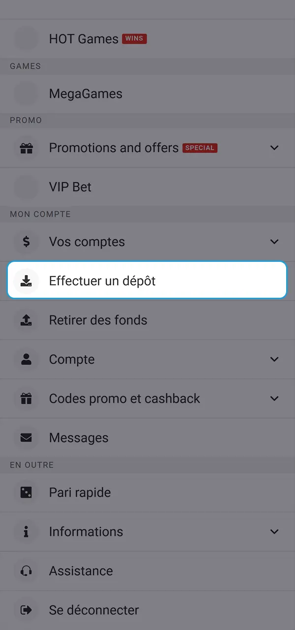 Ouvrez la page de recharge et faites le premier pas vers la victoire sur MegaPari.