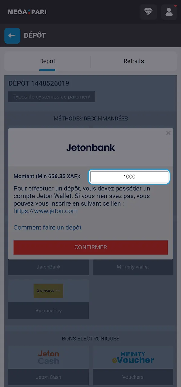 Indiquez le montant du dépôt et rejoignez la plateforme MegaPari.