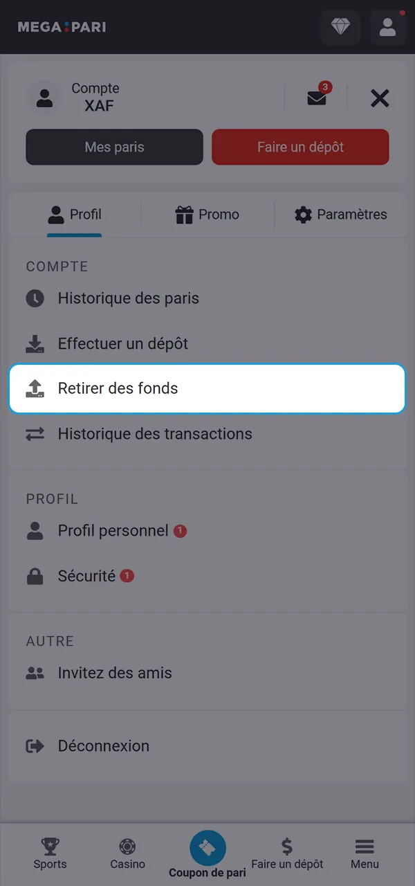 Accédez à la section retrait sur MegaPari.