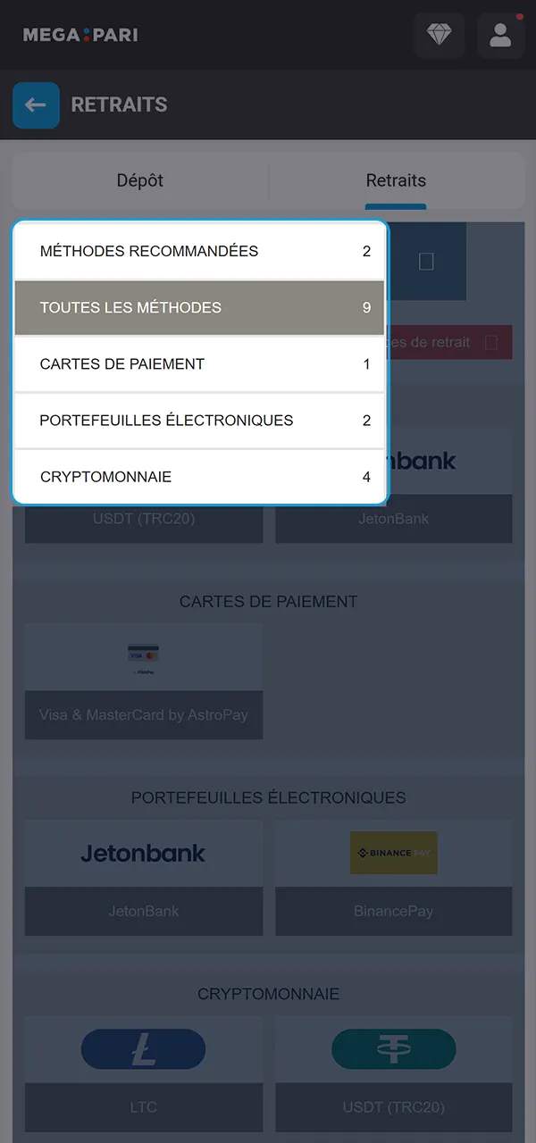 Choisissez votre mode de retrait sur MegaPari.