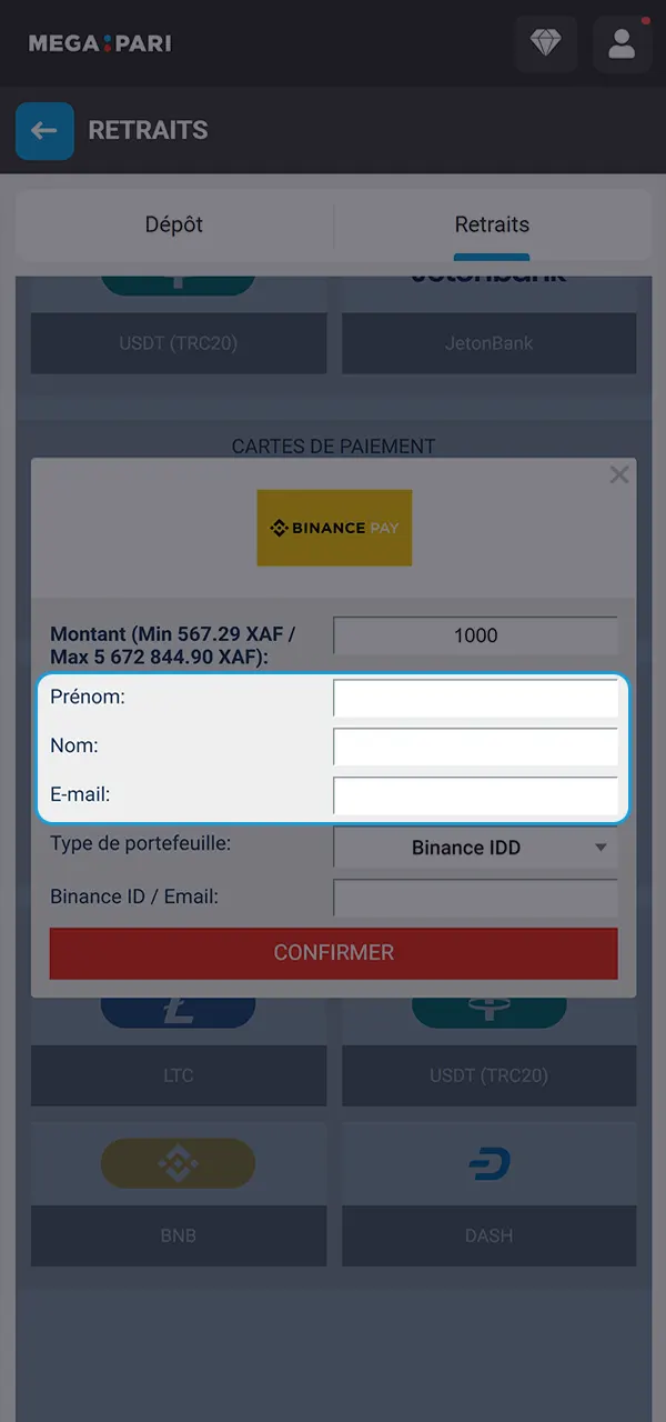 Confirmez le retrait de vos gains sur votre portefeuille MegaPari.