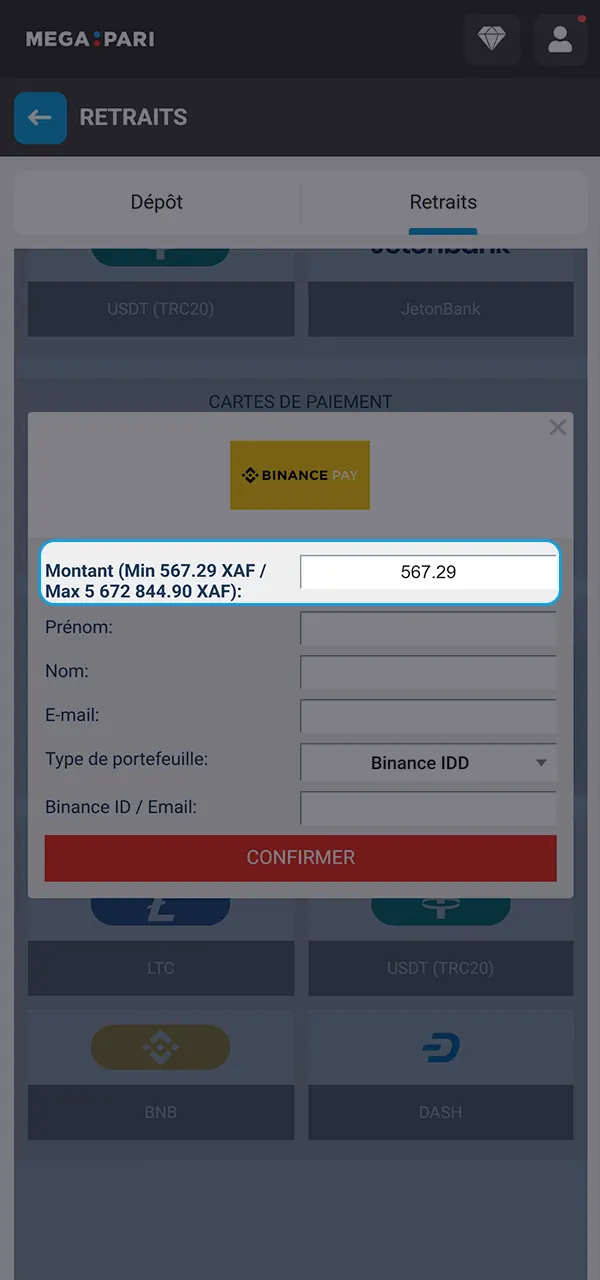 Entrez le montant souhaité pour un retrait rapide sur MegaPari.