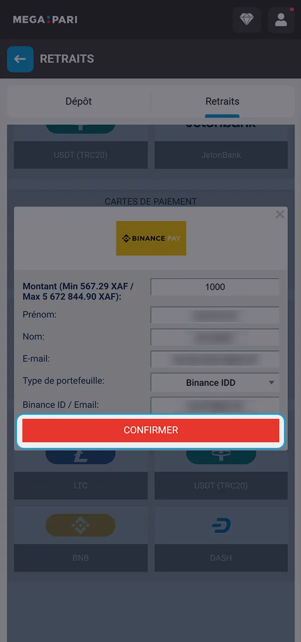 Le retrait rapide des fonds est disponible sur MegaPari.
