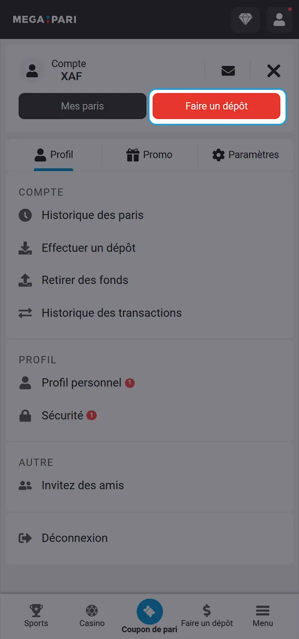 Effectuez un dépôt pour votre premier pari sur MegaPari.