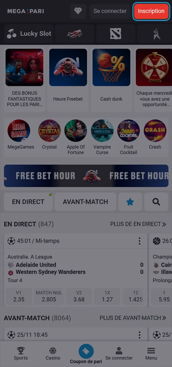 Inscrivez-vous et placez votre premier pari sur MegaPari.