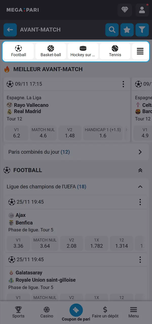 Choisissez un événement et placez votre premier pari sur MegaPari.